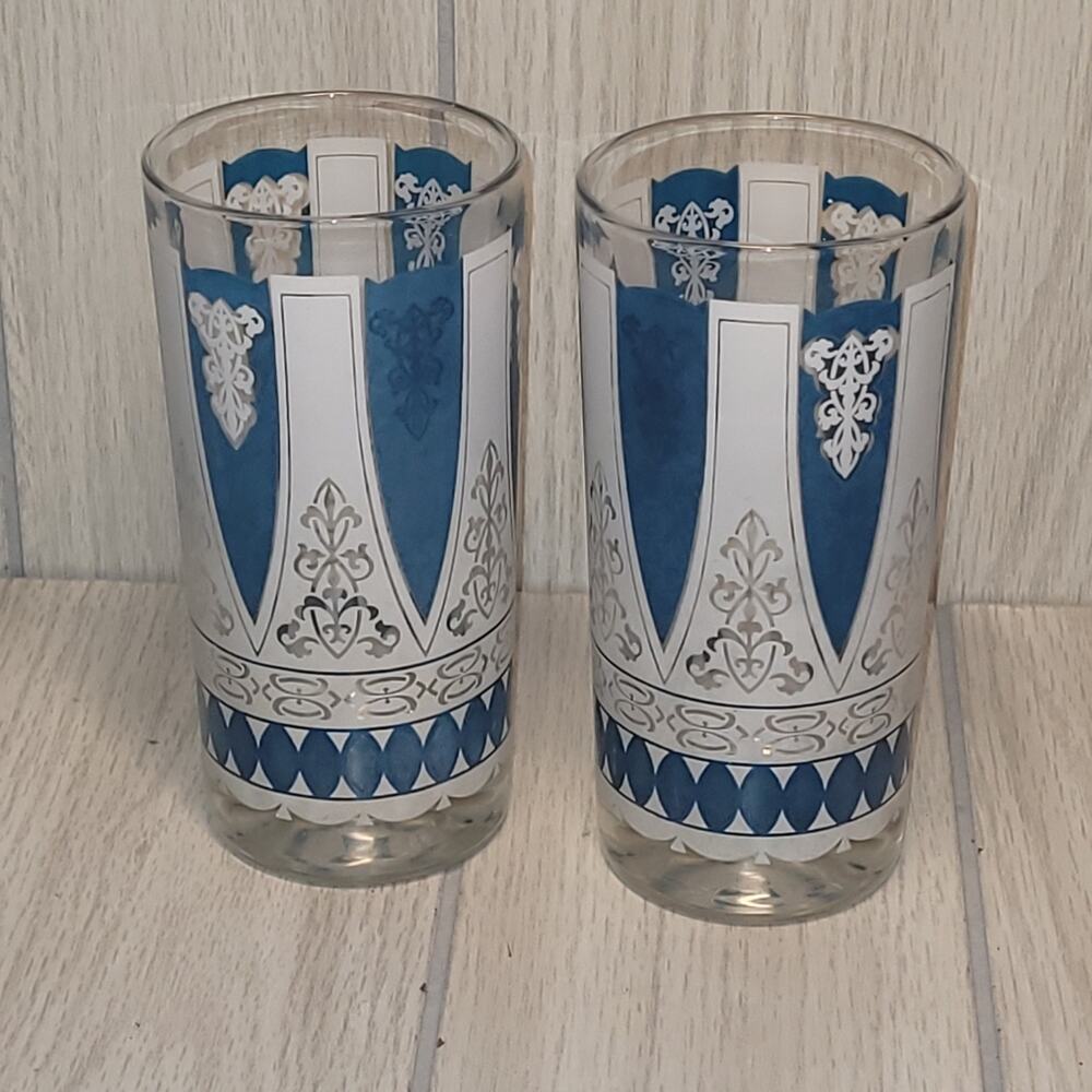 Vtg 1960s MCM Retro Highball Glasses Blue And White Barware Set Of 2 Replcements